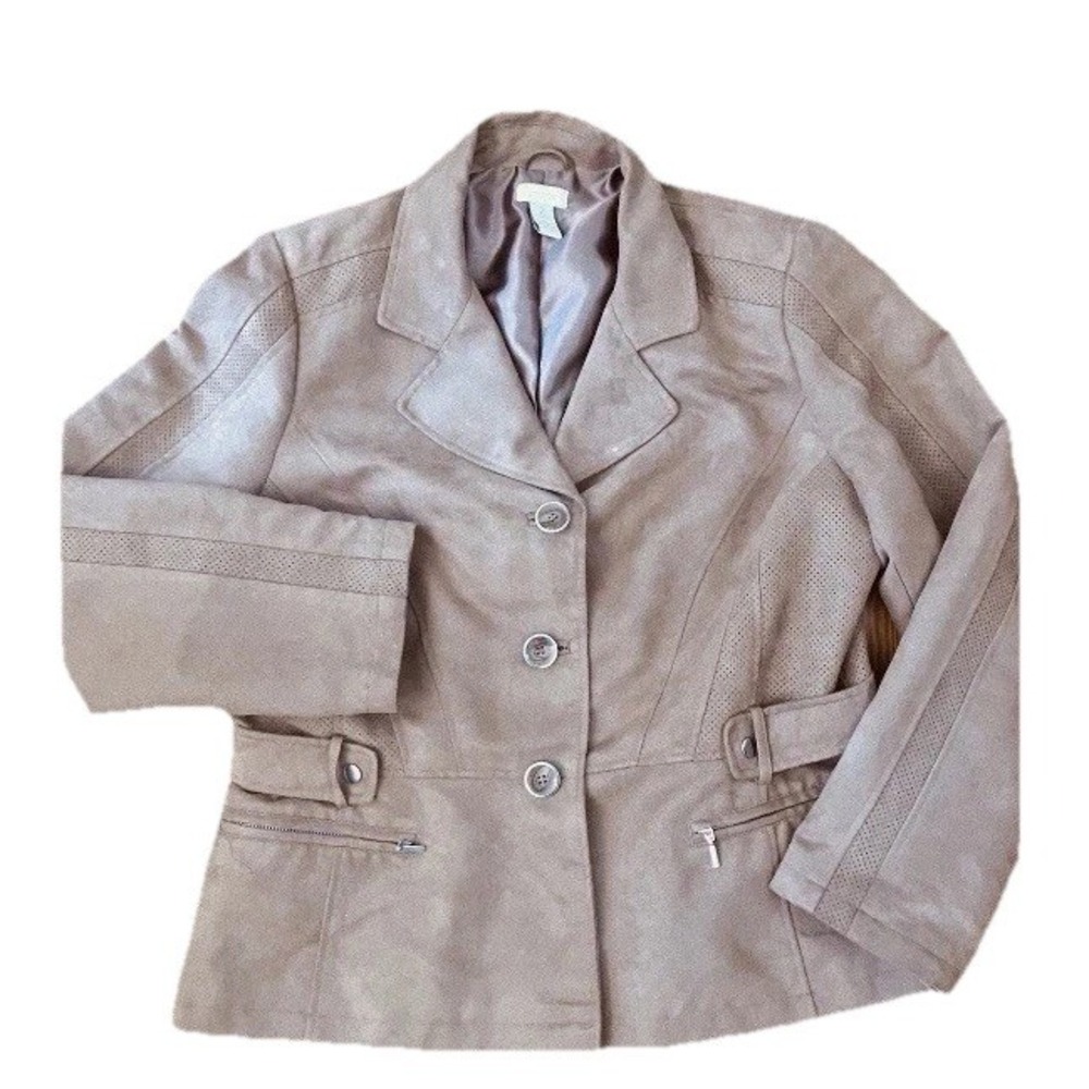 Chicos Jacket‎ Sz 2 Brown Faux Suede Button